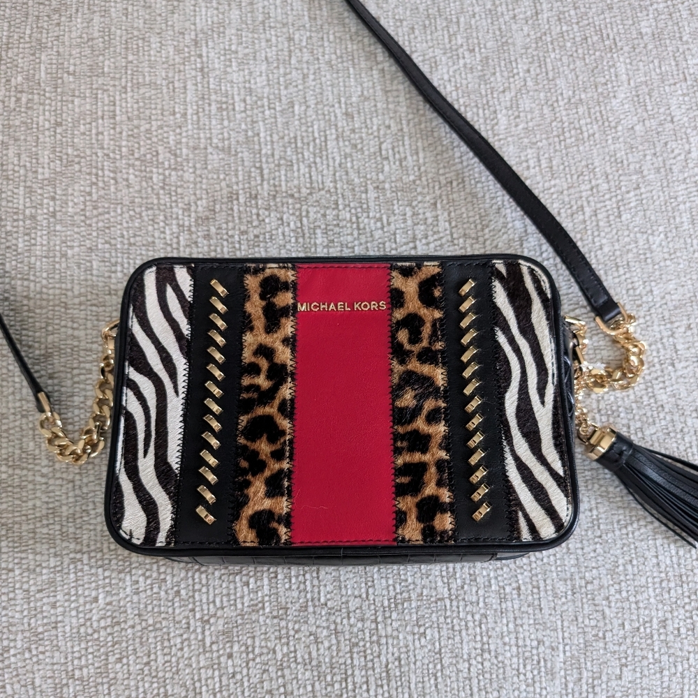 Michael Kors Red and Animal Print Crossbody Bag